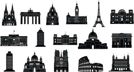 Icon Set of Famous World Landmarks Including the Eiffel Tower, Colosseum, and Brandenburg Gate © Bappi