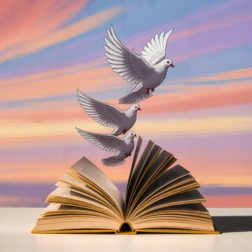 Peace and Freedom Concept White Dove Flying from Open Book with Dreamy Sky Background