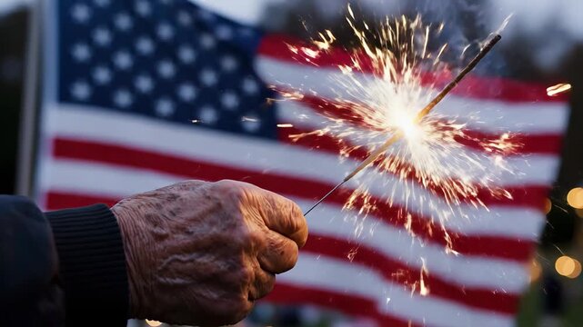 Elderly hand holding lit sparkler with blurred American flag background. Spirit of Independence Day and July Fourth celebrations, blending patriotism, tradition, and generational memory