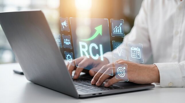 Businessman using laptop with digital interface showing rci return on customer investment concept