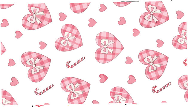 Cute heart seamless pattern vector featuring pink gingham hearts with bows, candy canes and romantic elements, sweet love background for fabric and wrapping design