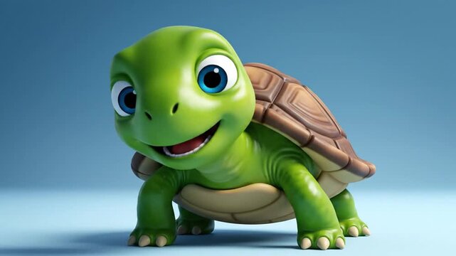 A smiling cartoon turtle with a brown shell stands on a blue background in this video