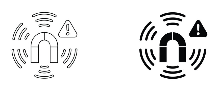 Magnet with warning sign and magnetic field waves, line and solid icons, clean vector illustration set representing magnetic force, caution