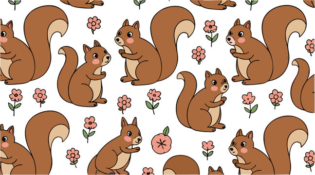 Cute squirrel seamless pattern vector featuring adorable woodland animals with flowers, hand drawn cartoon style, playful forest background for kids fabric and print design