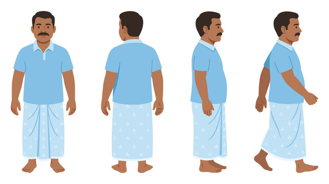 Middle aged indian man character set wearing blue polo and patterned.