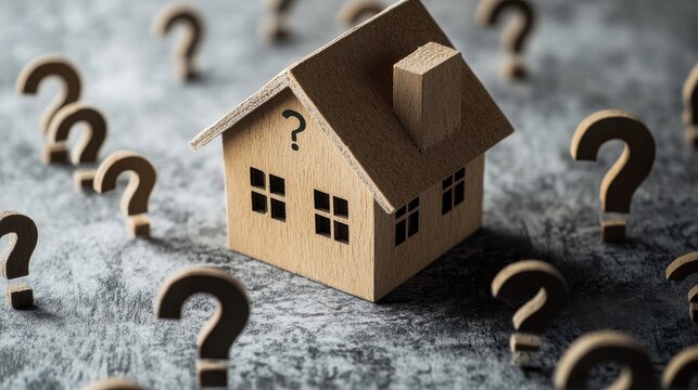 Wooden house model surrounded by question marks on textured background