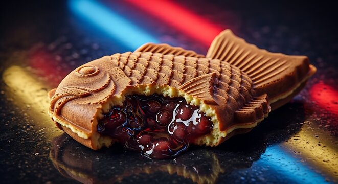 Warm taiyaki fish cake broken open revealing red bean filling on wet surface under neon lights