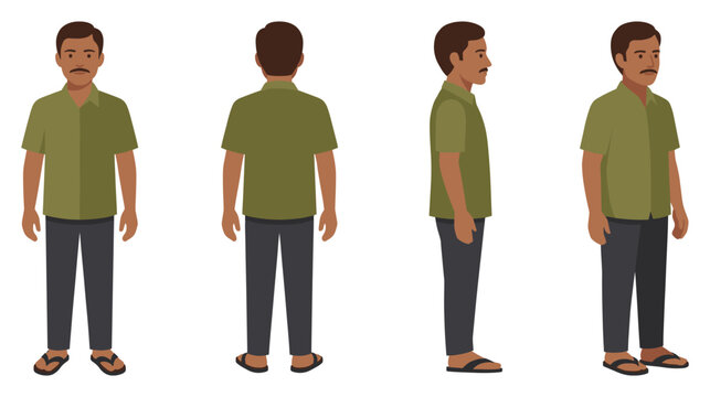 South asian man character creator with green shirt and dark trousers.