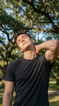Young Man Stretching Neck Outdoors in Park