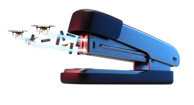 Blue stapler shoots staples and drones fly out office supplies