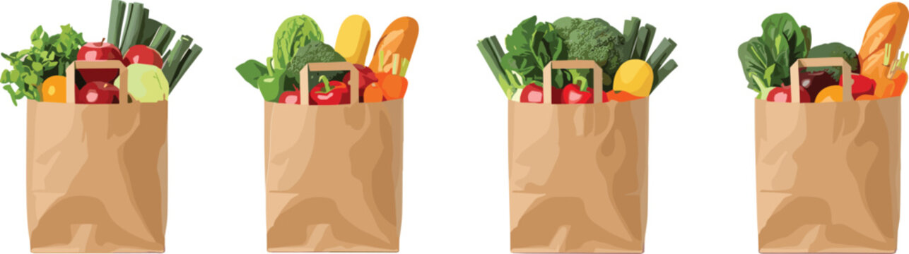 Grocery paper bags with fresh vegetables vector set featuring organic food shopping, healthy produce and eco friendly lifestyle illustration collection
