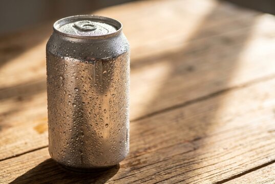 Cold soda can covered in water droplet on sunlit wooden surface. Refreshing aluminum container with condensation in direct light. Minimal drink packaging design for summer refreshment.