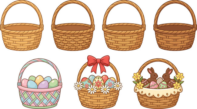 Woven Easter Baskets with Spring Decorations and Eggs in a Clean Layout