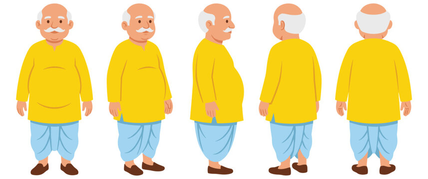 Old indian man character creation set full length front side back view different poses.