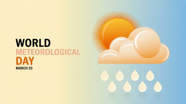 World Meteorological Day March 23 banner with sun, clouds, and raindrops illustration