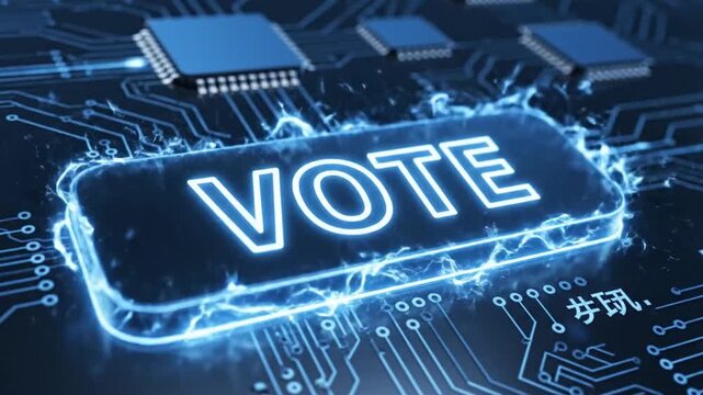 A glowing blue VOTE button on a futuristic electronic circuit board with microchips in a dark background video