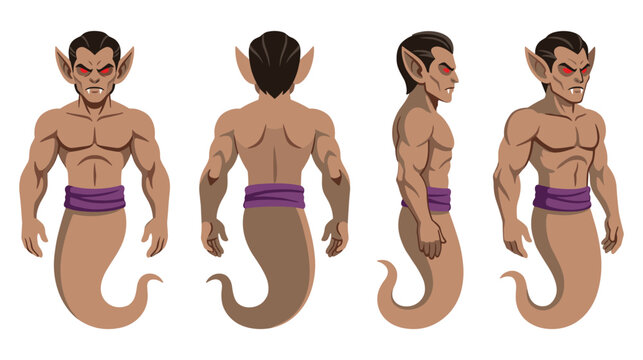 Full body rotation of muscular djinn character with supernatural red eyes.