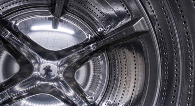 Close-up detailed view of the shiny stainless steel interior of a modern washing machine drum