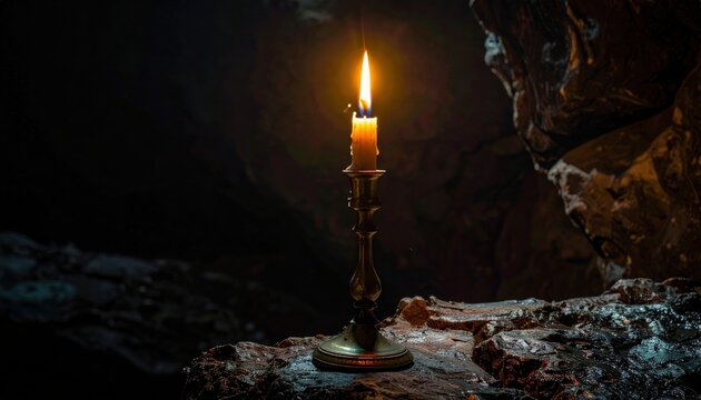 A single tarnished brass candlestick holding a small burning candle with melted wax stands on a scarred dark surface, creating a moody and atmospheric scene.