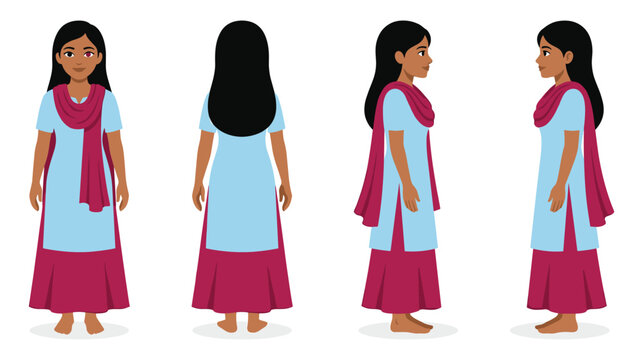 Indian woman character set in traditional blue and pink salwar kameez.