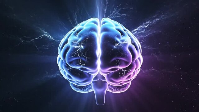 A video of a brain with vibrant blue and pink lightning emanating from it in a dark background