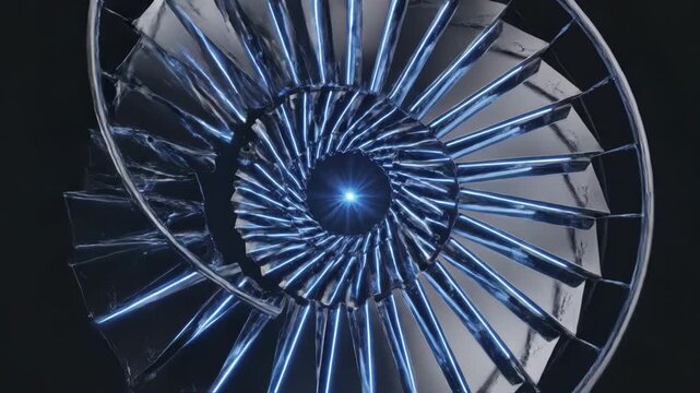 Turbine engine blades with blue neon light in a sci fi tunnel.