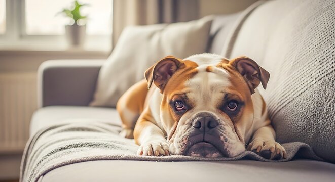 A bulldog lying comfortably on a couch with a cozy blanket isolated on white background