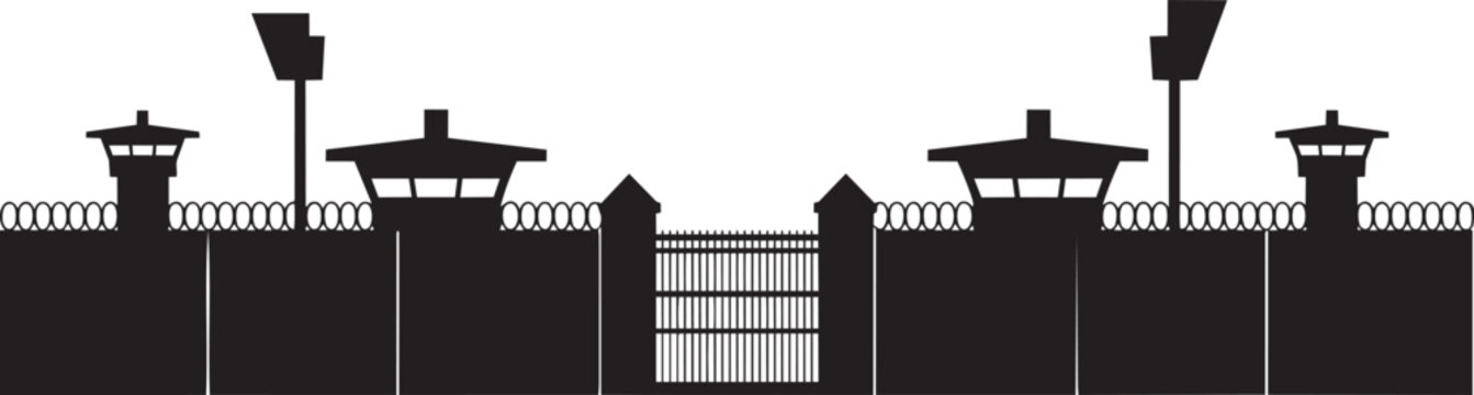 Prison security facility minimalist vector illustration with guard towers and a main gate with wall