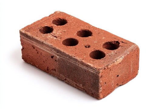 Brick. One single red clay rectangular brick isolated on white. Building construction materials. Facing new orange ceramic brick with multiple holes. Perforated brick isolate on transparent backdrop.