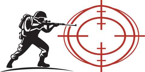 Soldier silhouette aiming a sniper rifle at a target symbol concept illustration with crosshair military tactical illustration silhouette precision accuracy training shooting specialist © boi