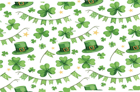 St Patrick day seamless pattern vector featuring green clover leaves, leprechaun hats, festive bunting flags and stars, Irish holiday decorative background design