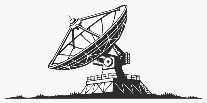 Detailed black and white vector illustration of a large satellite telecommunications antenna array with satellite communication technology telescope broadcast research astronomy electronic