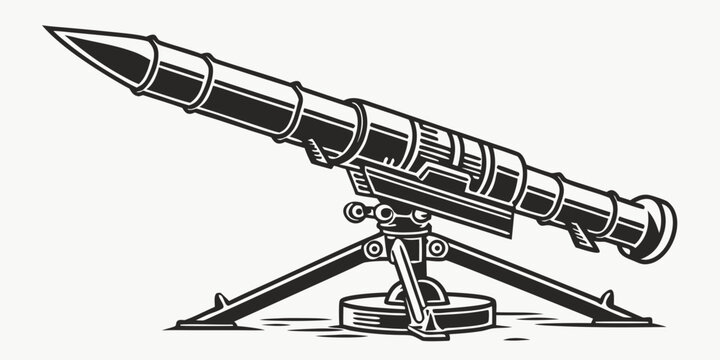 Detailed black and white vector graphic of a tactical anti-tank missile system on tripod with launcher military artillery antitank illustration monochrome silhouette tactical weaponry
