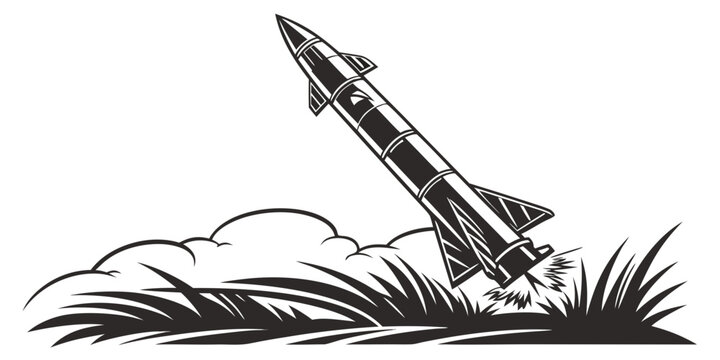 Vector graphic illustration of a missile launching from a grassy field with smoke military ballistic illustration monochrome silhouette propulsion explosion security technology equipment