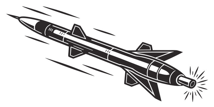Flying tactical missile icon design with military projectile strategic technology aerospace illustration monochrome isolated hardware deterrence security speeding aerodynamic explosive