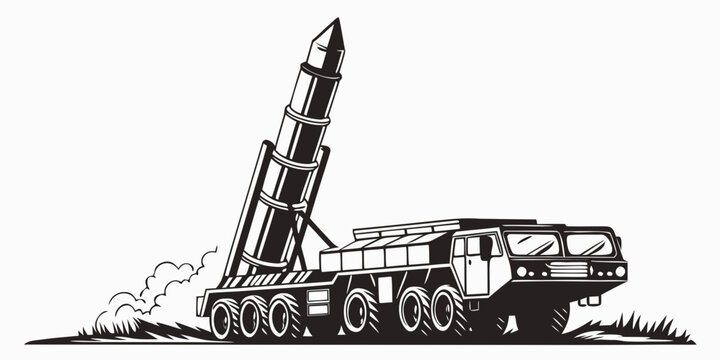 Mobile ballistic missile launcher vehicle graphic with launcher military ballistic artillery transport strategic tactical illustration monochrome isolated technology logistics hardware