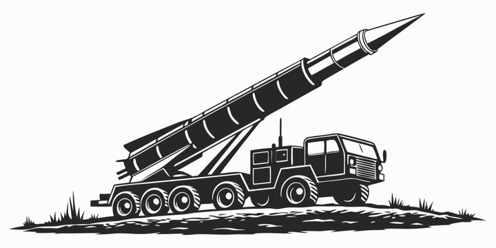 Detailed black and white illustration of a tactical ballistic missile truck with launcher military ballistic transport artillery tactical strategic equipment isolated illustration silhouette