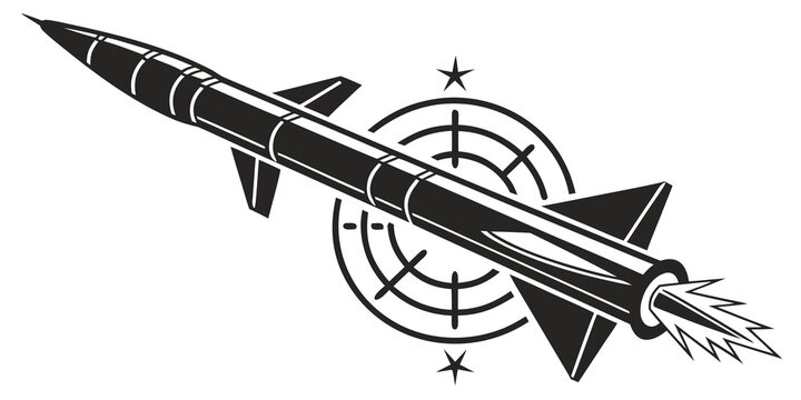 Black and white graphic of a surface-to-air missile flying towards a circular target crosshair symbol with crosshair military precision strategic illustration accuracy tracking ballistic