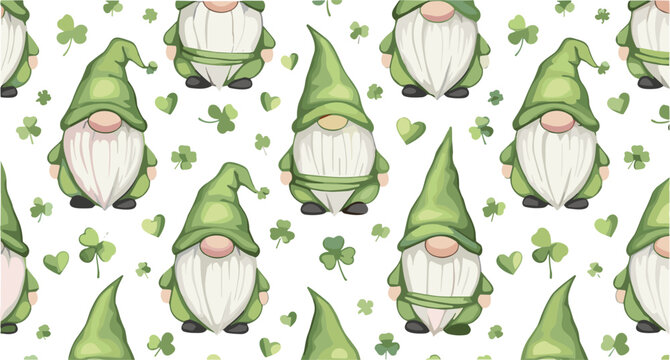 St Patrick gnome seamless pattern vector featuring cute green leprechaun characters with shamrocks and hearts, festive Irish holiday background for fabric and wrapping design