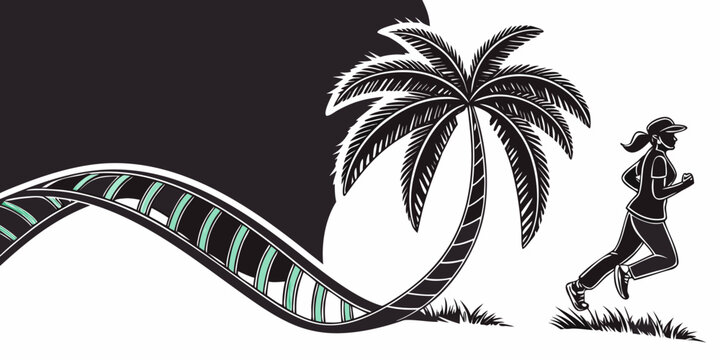 Graphic silhouette of a woman running by a palm tree and winding path with exercise silhouette lifestyle vacation tropical wellness training illustration minimalist recreation movement