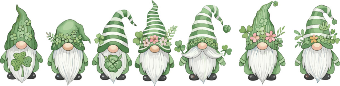 St Patrick gnome vector set featuring cute green shamrock characters, leprechaun style hats and floral details, festive Irish holiday illustration collection