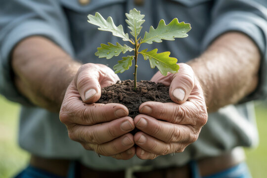 Man holding small oak tree sapling in cupped hands outdoors