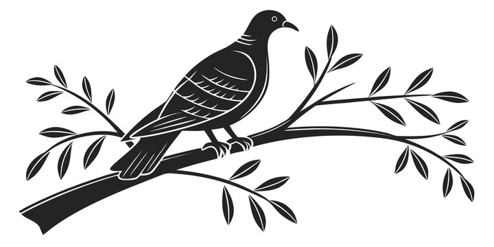 Stylized silhouette of a bird sitting on a leafy branch with silhouette wildlife illustration isolated minimalist ornament decorative feathers creative template blackwork