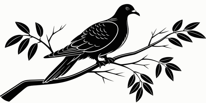 Black and white silhouette of a dove perched on a tree branch with silhouette wildlife illustration isolated minimalist ornament decorative feathers creative template blackwork
