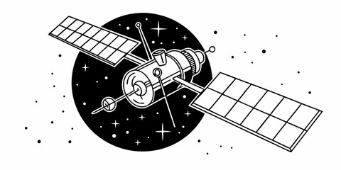 Graphic black and white illustration of a communications satellite in orbit with satellite spacecraft technology astronomy universe exploration communication telecommunications transmission © boi