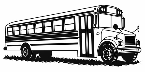 Black and white graphic illustration of a yellow school bus parked on grass with transportation education passenger carriage illustration isolated schooling learning classroom commuter © boi