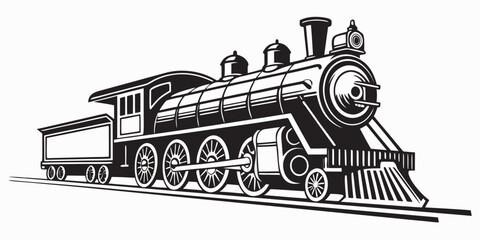 Black and white graphic of a classic steam train with locomotive railroad transport transportation illustration carriage silhouette historical passenger traveling movement engineering © boi