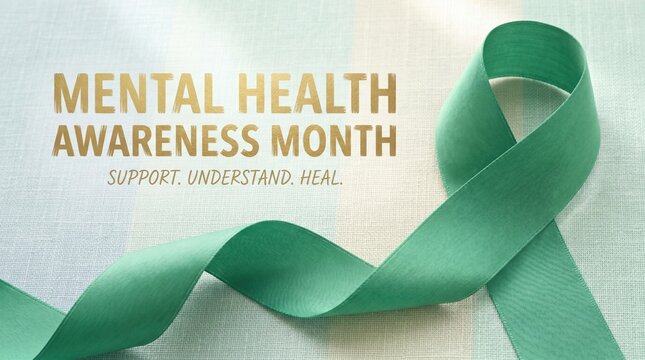 Green ribbon symbolizing mental health awareness month with supportive text on a textured background, promoting understanding and healing for mental health issues