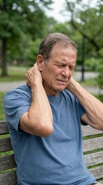 Senior Man Holding Neck in Pain on Park Bench