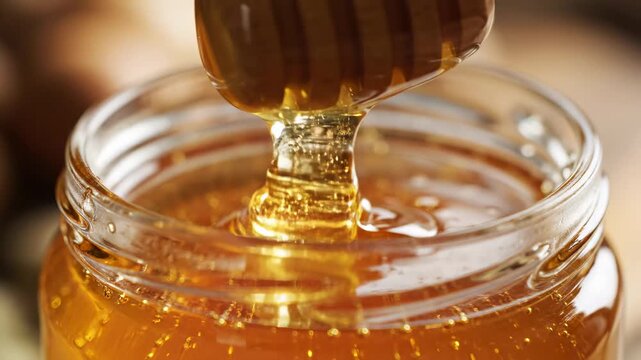 This shows a close-up of a honey dipper in a jar of golden honey with a blurred beehive background, highlighting the natural production of honey by busy bees and showcasing its sweetness and texture.